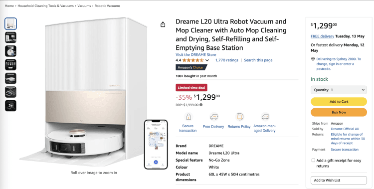 Amazon: Dreame L20 Ultra Robot Vacuum and Mop Cleaner – 35% off, now $1,299